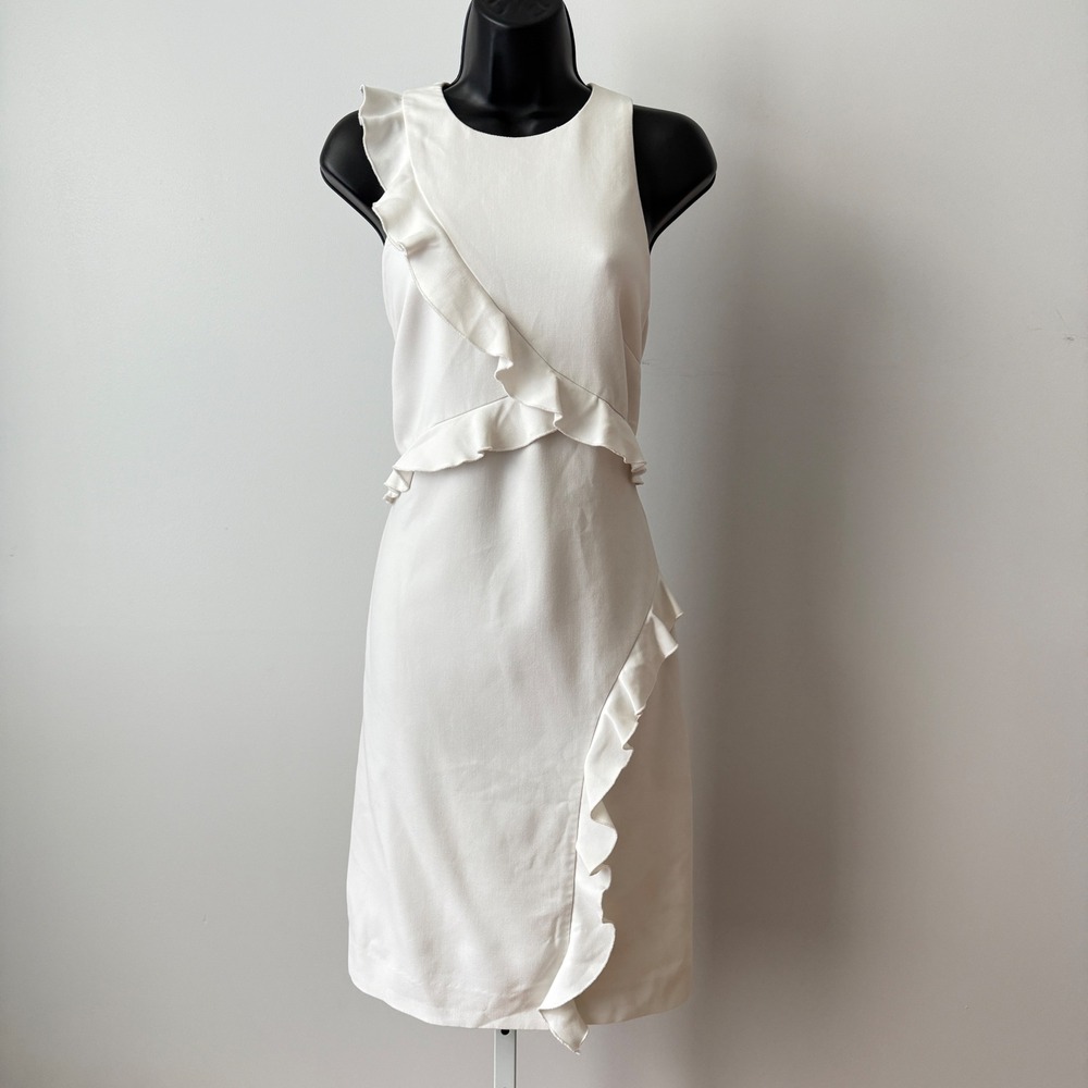 Nicole Miller sz 6 White Ruffle Sheath‎ Dress Office Siren Career NWOT